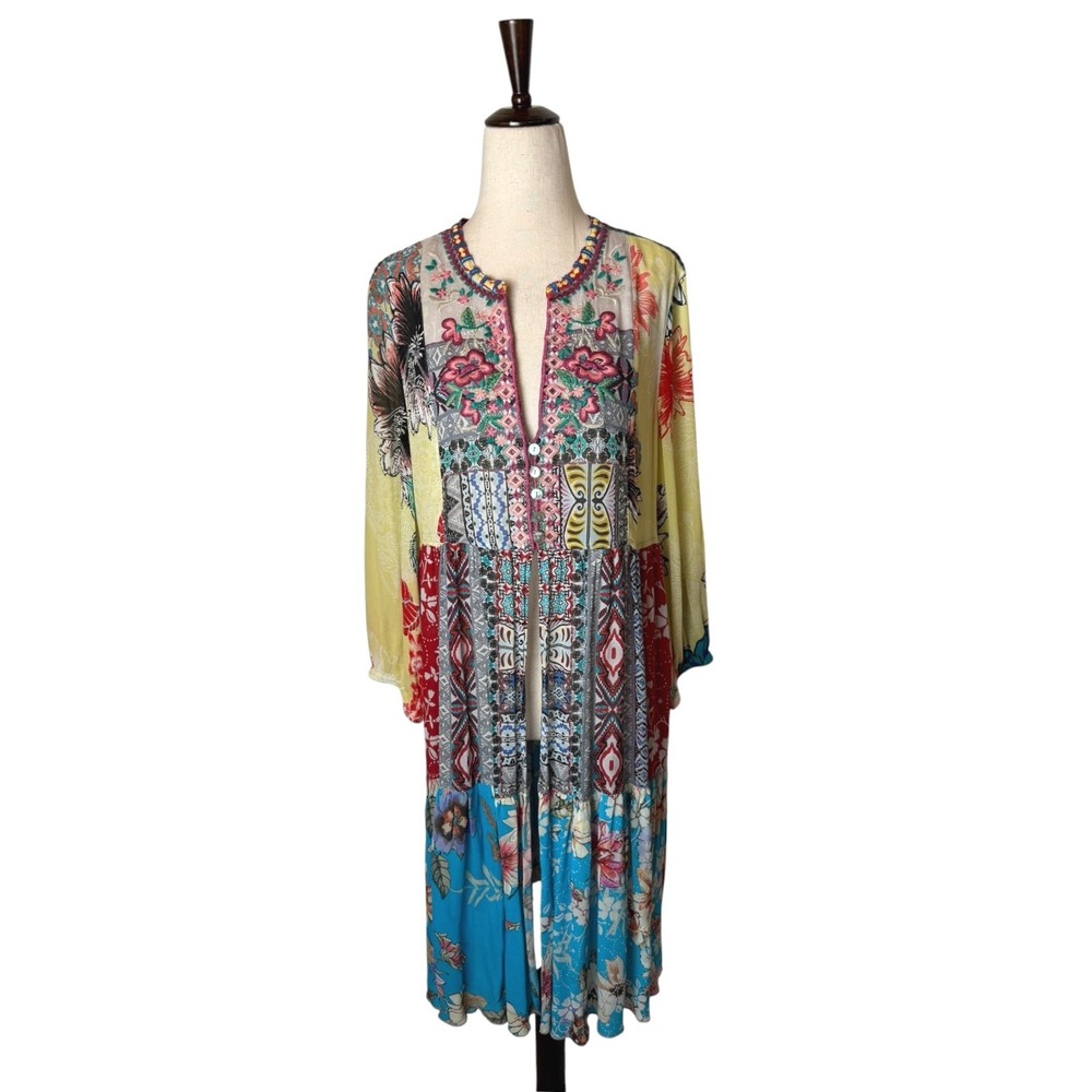 John Mark Duster Kimono Women Medium Yellow Floral Patchwork Embroidered Boho - Picture 2 of 14